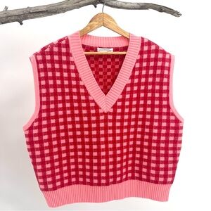 Anthropologie red & pink checkered knit vest xl